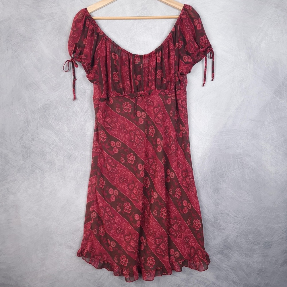 Vntg Whimsy Fairy Dress Womens Large Red Paisley Chiffon Sheer Babydoll Grunge - Picture 6 of 16
